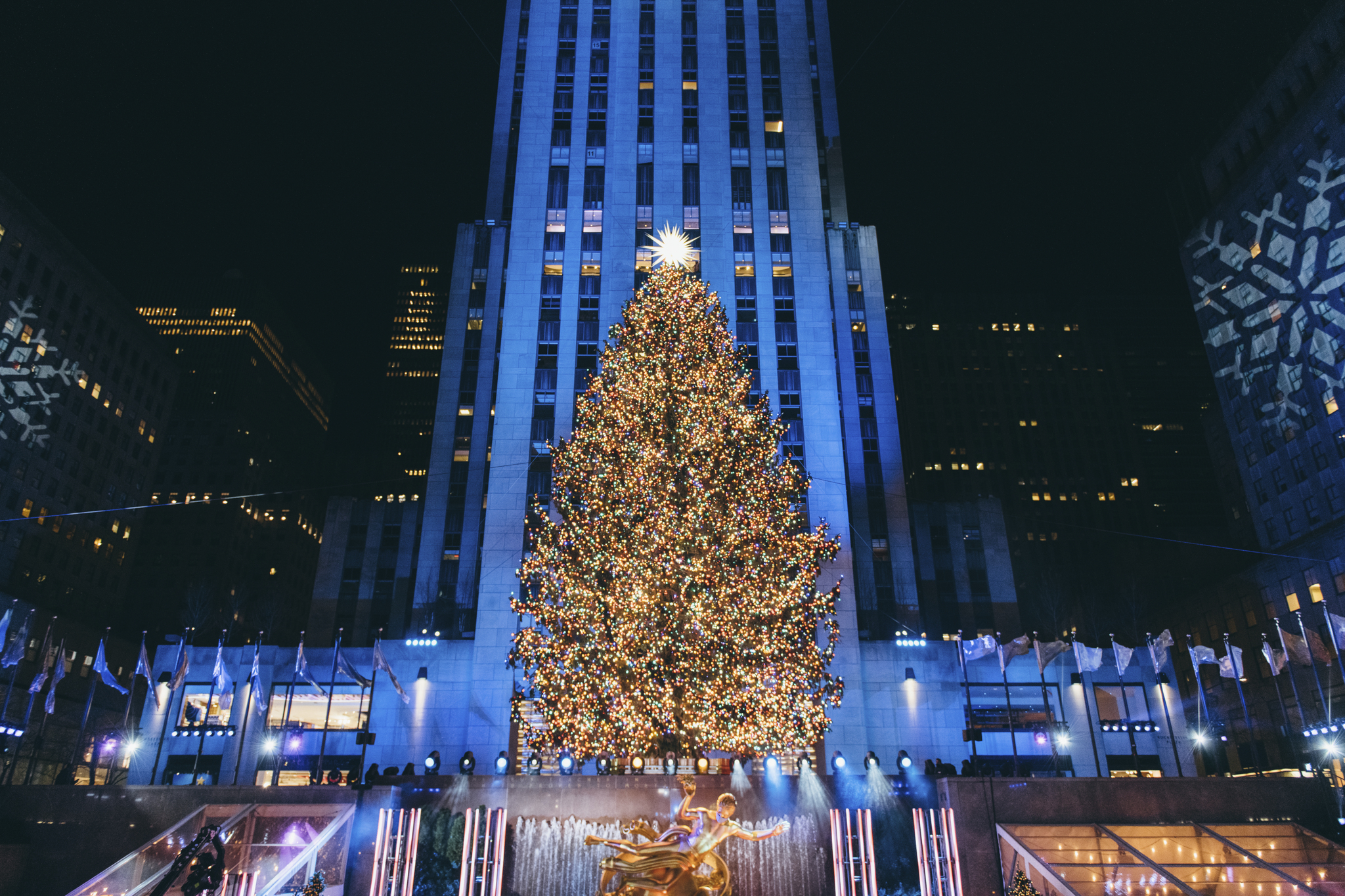 The famous Rockefeller Center Christmas Tree and Prometheus scupture by The Rink.